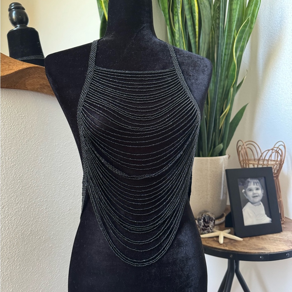 Black Beaded Draped Halter Necklace Top